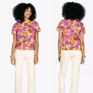 NEW Tanya Taylor Sarah Floral Tee Hibiscus Cotton Preppy Bright Coastal Crewneck
